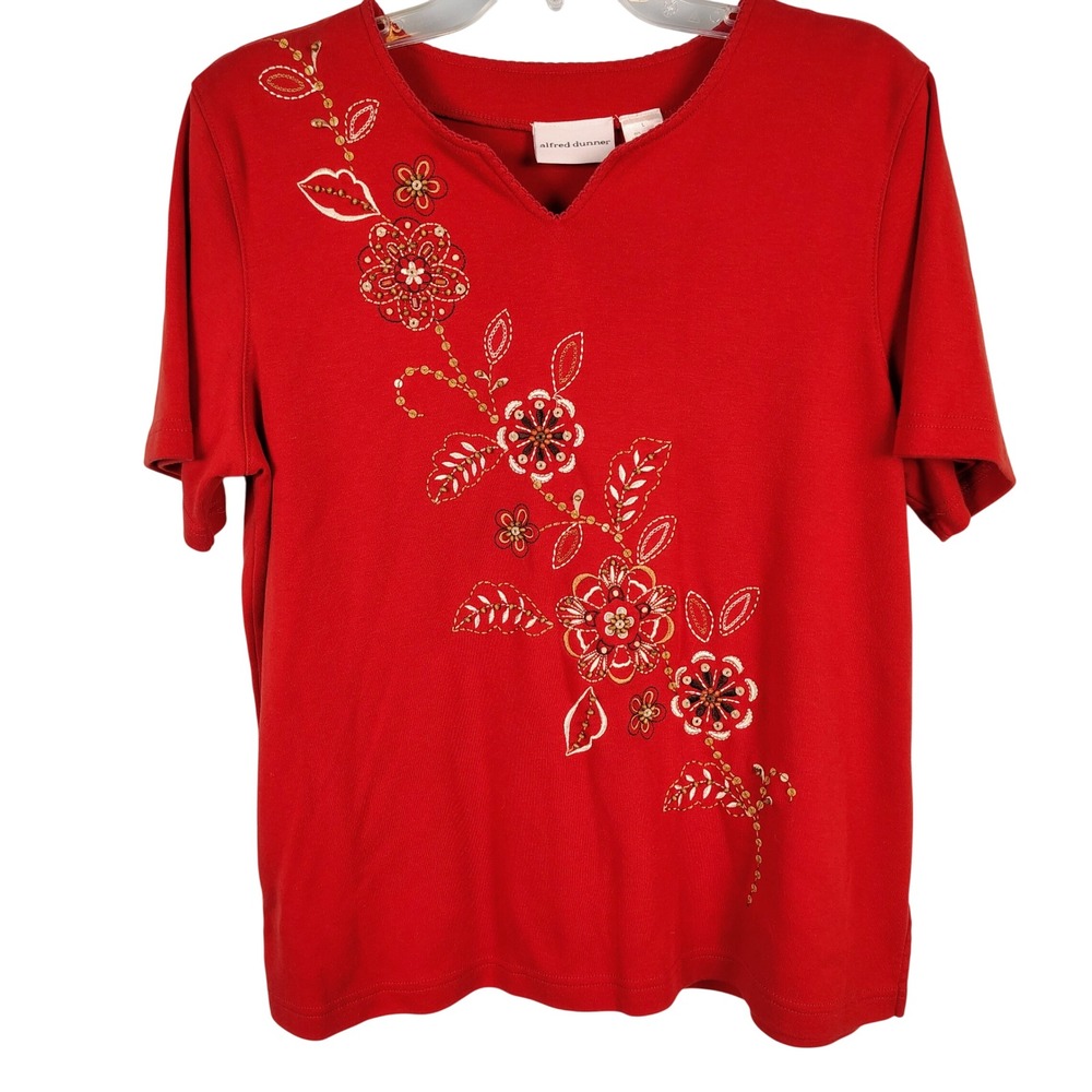 Alfred Dunner Womens L Floral Embroidered Beaded Top Red Cotton Blend Grannycore